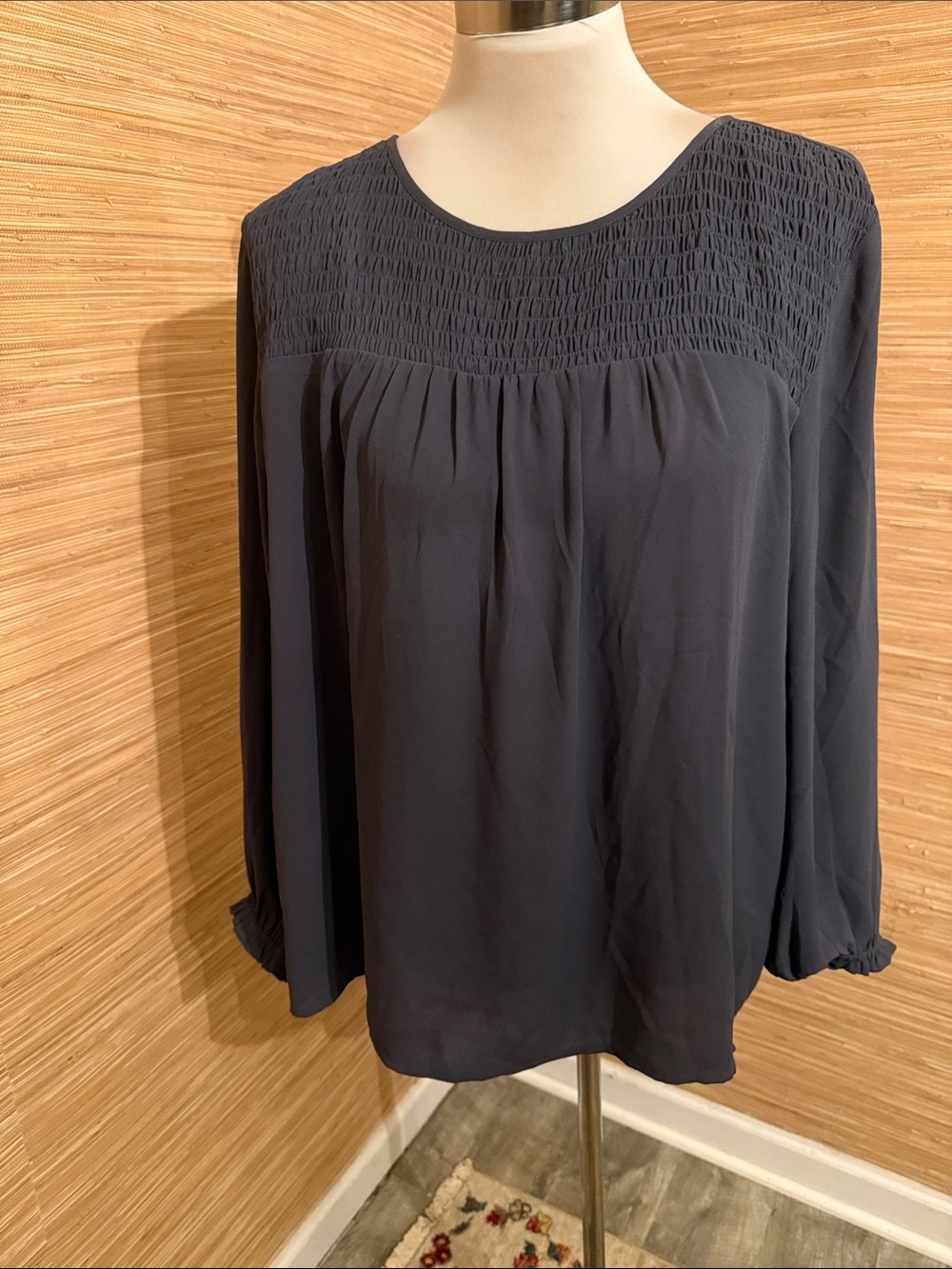 LOFT Navy Smocked Yoke Long Sleeve Blouse
